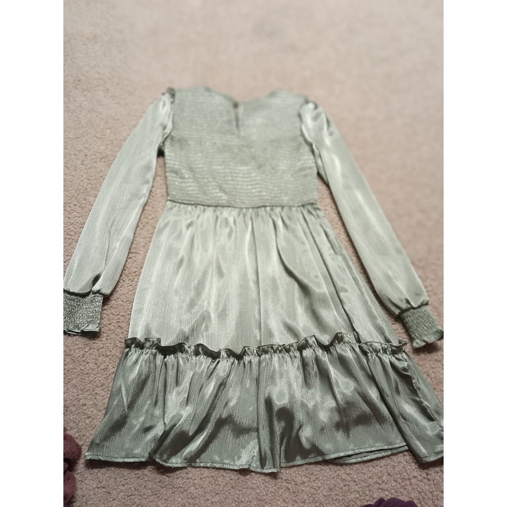 By The River Sage Green Smocked Adella Dress Long Sleeve Sheer Size Medium M - Picture 2 of 5